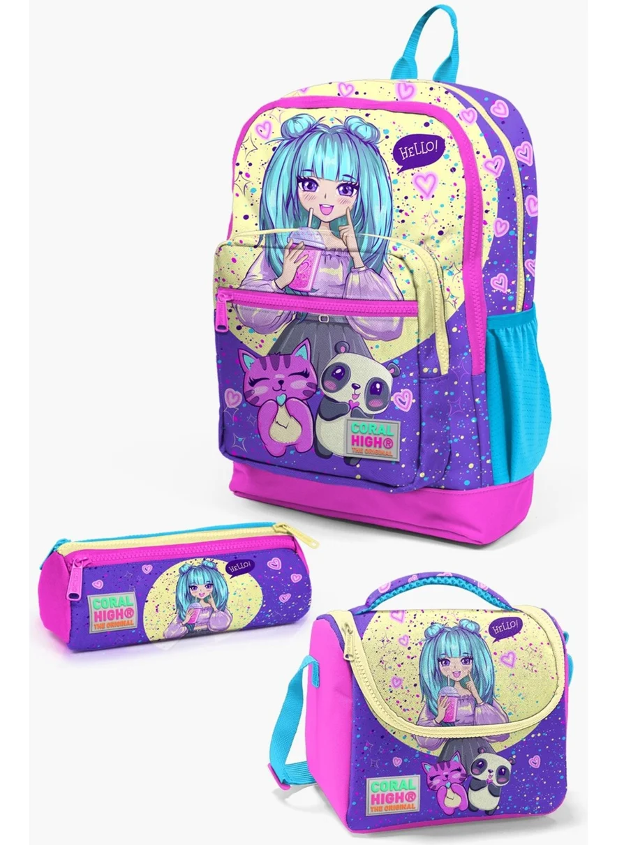 كورال هاي Kids Purple Pink Anime Girl Patterned 3-Piece School Bag Set SET0123735