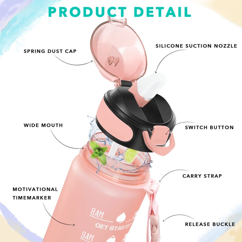 Enerbone 32 oz Water Bottle with Times to Drink and Straw  Motivational Drinking Water Bottles with Carrying Strap  Leakproof BPA & Toxic Free  Ensure You Drink Enough Water for Fitness Gym Outdoor - Image 4