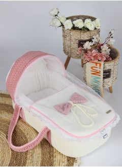 FUN MOMENT Portable baby bed with thick padded seat with high-quality materials, white / pink, with multi-colored stars design, 67×30×16 cm  - Image 1