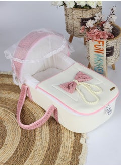 FUN MOMENT Portable baby bed with thick padded seat with high-quality materials, white / pink, with multi-colored stars design, 67×30×16 cm  - Image 5