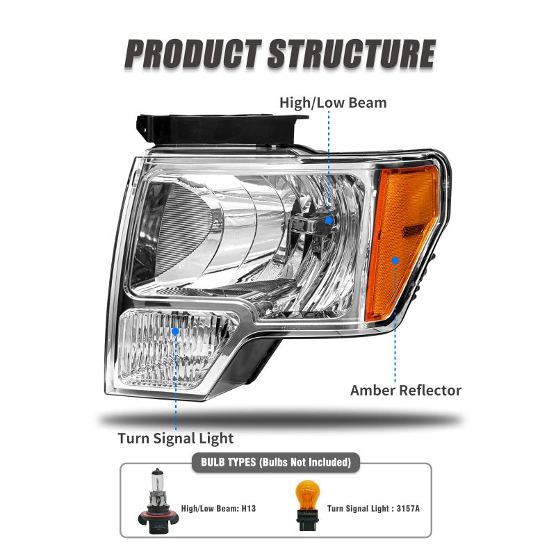 ADCARLIGHTS 2009 2010 2011 2012 2013 2014 Ford F150 Pickup Headlight Assembly for 09-14 Ford F150 Clear Lens Chrome Housing with Amber Reflector Headlamp Replacement Left and Right Pairï¼ˆW/O Bulbsï¼‰ - Image 3