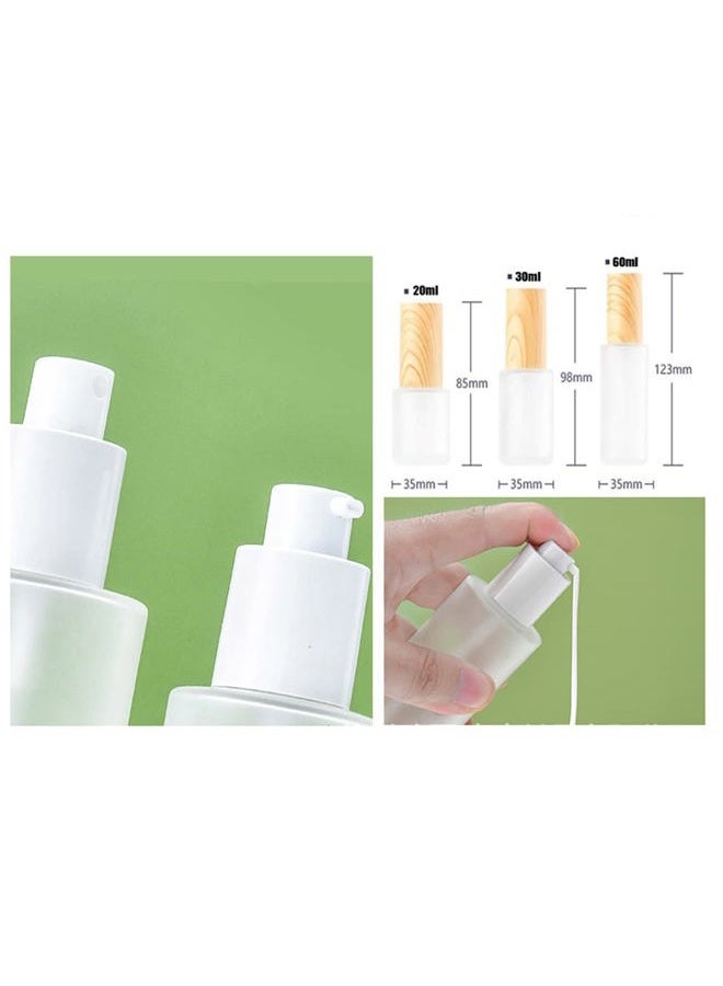SYBL 3Pcs 30ml 1oz Matte Glass Pump Bottles Travel Pump Bottle Lotion Bottle Travel Container Soap Dispenser Toiletries Bottle Containers with Wood Grain Lid for Shampoo Cream Liquid Essential Oils - Image 4
