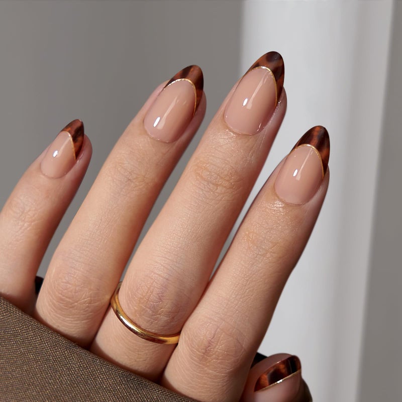 BTArtbox Press On Nails Short Almond - Tortoise Shell, Winter French Tip Press On Nails, Soft Gel Fake Nails Brown, Reusable Glue On Nails with Nail Glue in 16 Sizes, 32 Stick On Nail Kit - Image 1