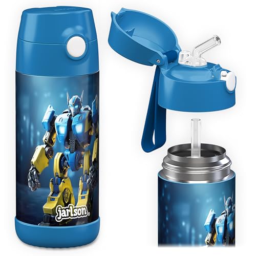 Jarlson® Kids Water Bottle CHARLI [12OZ] - Stainless Steel Thermo Bottle with Straw - Insulated, Spill Proof Waterbottle for School & Sports - Thermo Tumbler for Boys & Girls (Robot) - Image 1