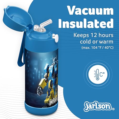 Jarlson® Kids Water Bottle CHARLI [12OZ] - Stainless Steel Thermo Bottle with Straw - Insulated, Spill Proof Waterbottle for School & Sports - Thermo Tumbler for Boys & Girls (Robot) - Image 2