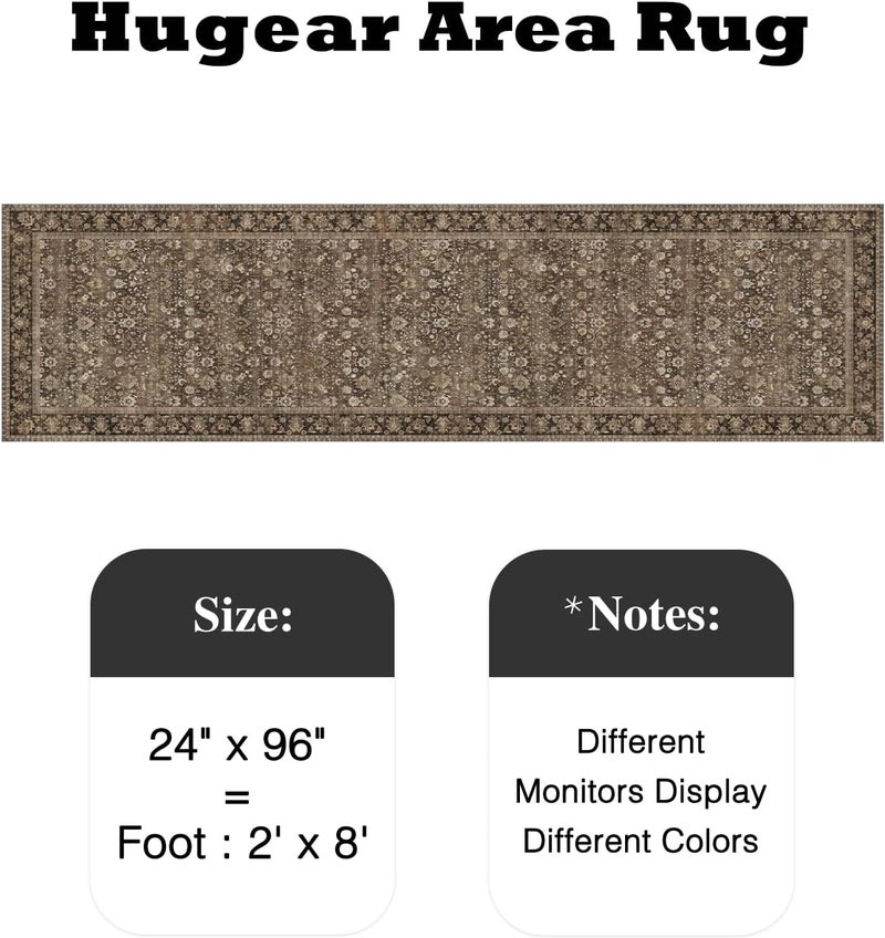 HUGEAR 2x8 Runner Rug Machine Washable Brown Hallway Area Rug Indoor Accent Rugs Floral Low Pile Carpet Soft Throw Rugs Bedroom Living Room Office Dining Kitchen Laundry Non Slip - Image 2