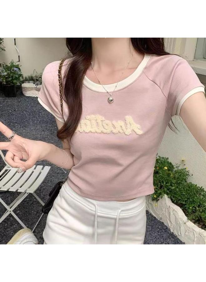 Song Feng Ya Letter Jacquard Slim New Short-sleeved Slim-fit Summer Design Round Neck Cotton T-shirt Top Shoulder Stylish Fashion 