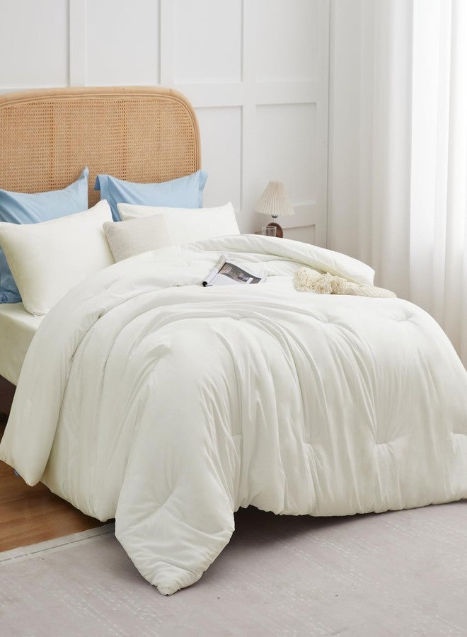 CozyLux Comforter Full Size Set Ivory, 3 Pieces Solid Soft Bed Set for Girls, Luxury Breathable Quilted Style Microfiber Down Alternative Bedding Sets All Season (1 Comforter & 2 Pillowcases) - Image 1