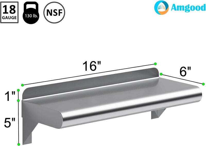 AmGood 6" X 16" Stainless Steel Wall Shelf | Metal Shelving | Garage, Laundry, Storage, Utility Room | Restaurant, Commercial Kitchen | NSF - Image 3
