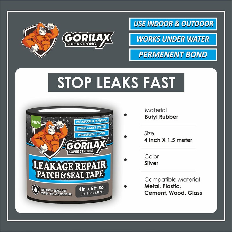 Gorilax Waterproof Leak Repair Tape 4 Inch x 5 Ft | Flex Seal Aluminum Butyl Tape for Roof, Pipe, Tank, Sink, Surface Crack, Window Gap | Strong Adhesive Sealant Instantly Stops Water Leakage - Image 2