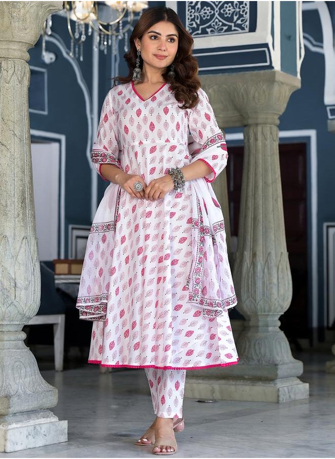 Vishudh White Cotton Kurta Set with Pink Floral Print by Styli  - Image 1