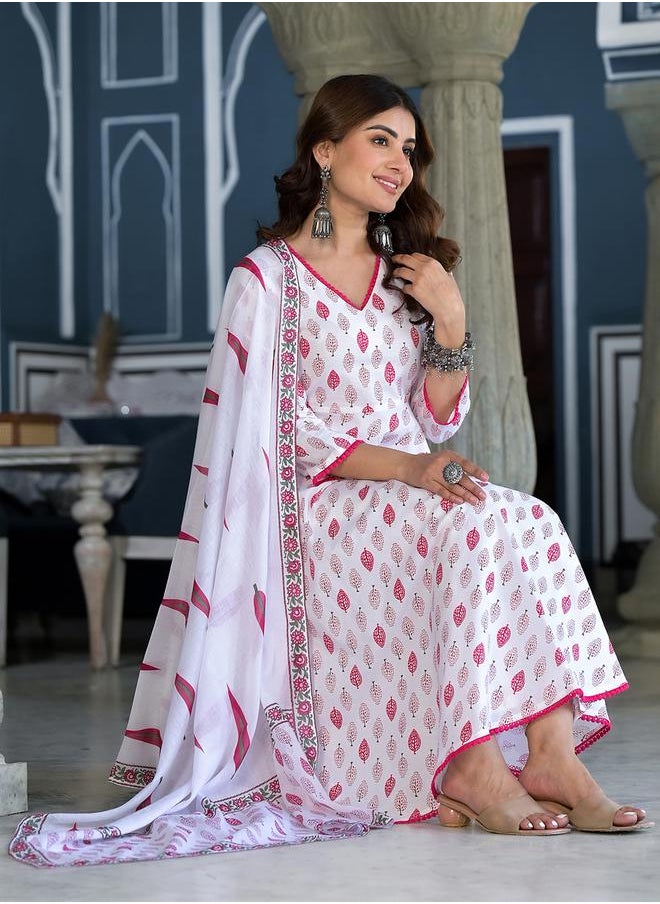 Vishudh White Cotton Kurta Set with Pink Floral Print by Styli  - Image 2