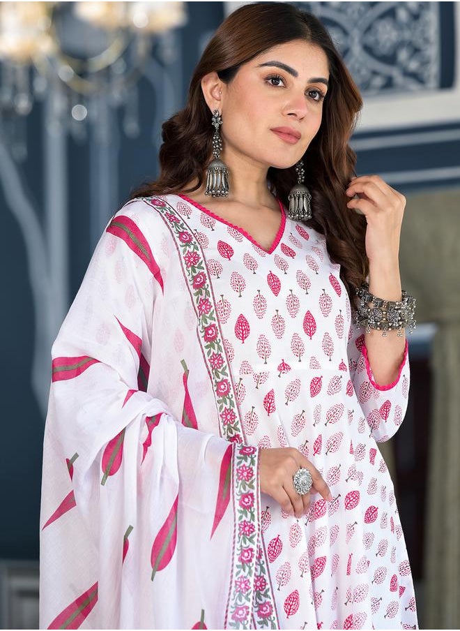 Vishudh White Cotton Kurta Set with Pink Floral Print by Styli  - Image 5