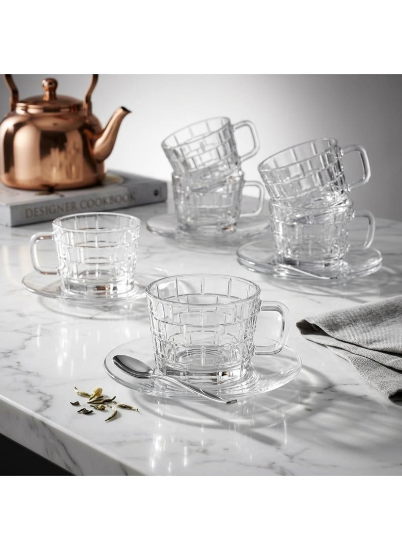 Blinkmax 12-Piece Glass Cup and Saucer Set, 6 Tea Mugs, 6 Serving Plates, Embossed Square Design, Hot Drinks and Hospitality - Transparent - Image 2