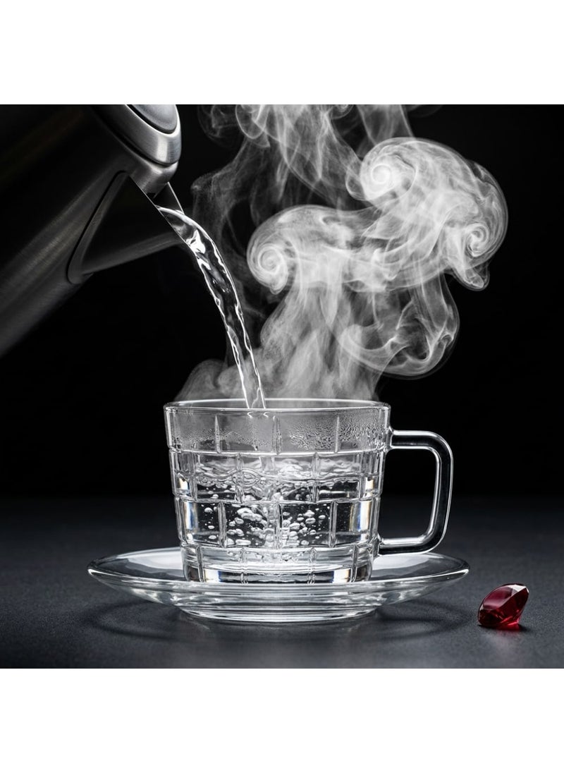 Blinkmax 12-Piece Glass Cup and Saucer Set, 6 Tea Mugs, 6 Serving Plates, Embossed Square Design, Hot Drinks and Hospitality - Transparent - Image 5