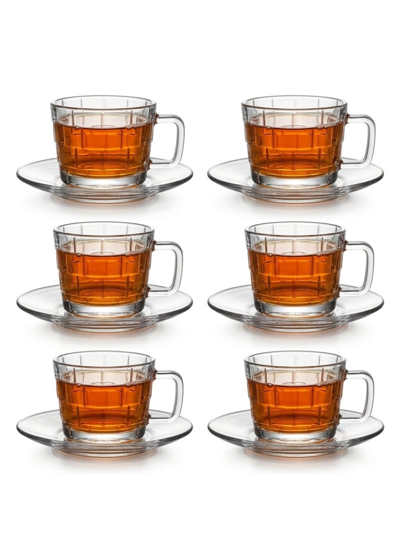 Blinkmax 12-Piece Glass Cup and Saucer Set, 6 Tea Mugs, 6 Serving Plates, Embossed Square Design, Hot Drinks and Hospitality - Transparent - Image 1