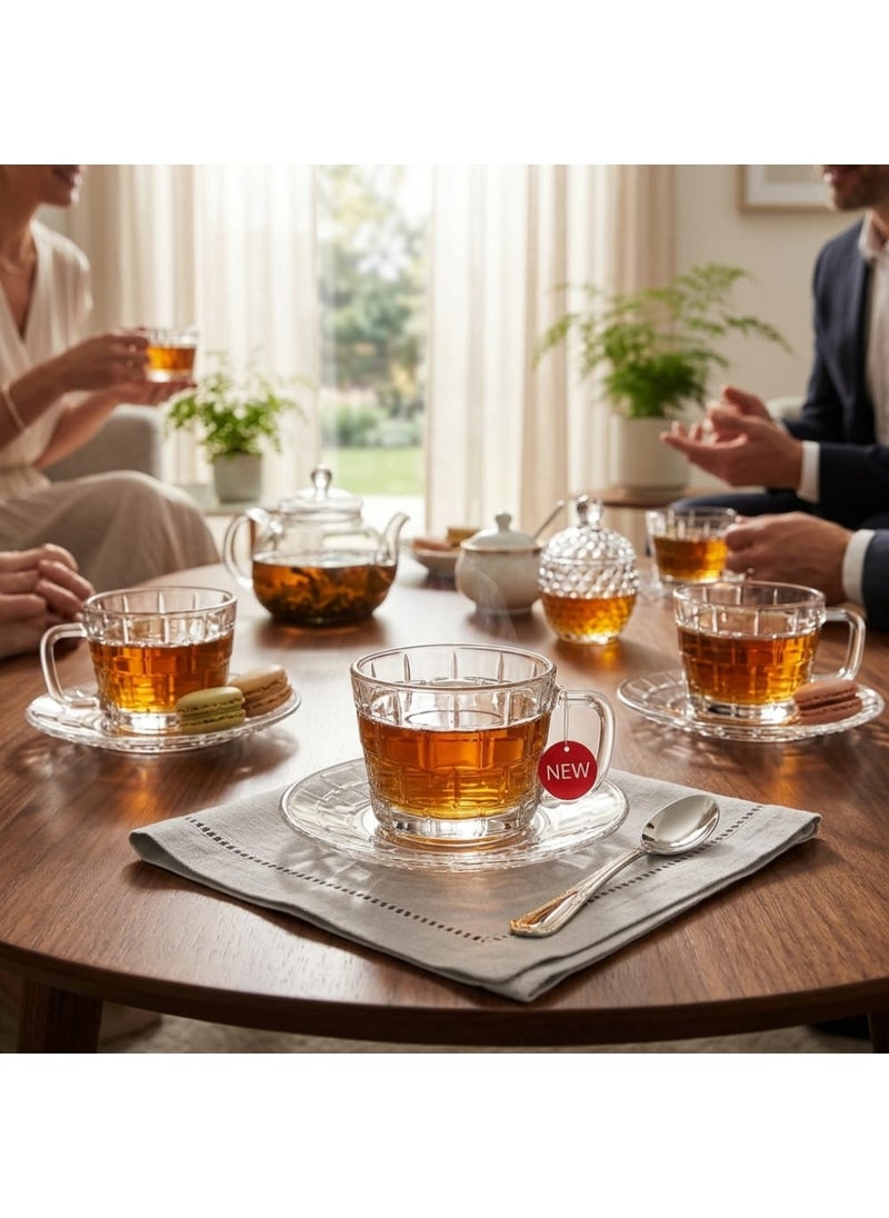 Blinkmax 12-Piece Glass Cup and Saucer Set, 6 Tea Mugs, 6 Serving Plates, Embossed Square Design, Hot Drinks and Hospitality - Transparent - Image 3