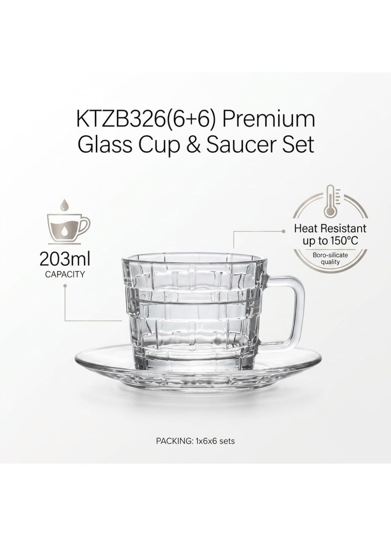 Blinkmax 12-Piece Glass Cup and Saucer Set, 6 Tea Mugs, 6 Serving Plates, Embossed Square Design, Hot Drinks and Hospitality - Transparent - Image 4