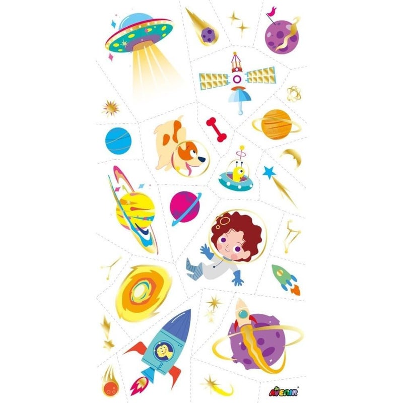 Avenir Space Tattoo Sticker - 53pc Set of Water-Based Ink Temporary Tattoos - Safe and Easy to Apply and Remove - Lasts 3-5 Days for Kids 3+ - Image 1