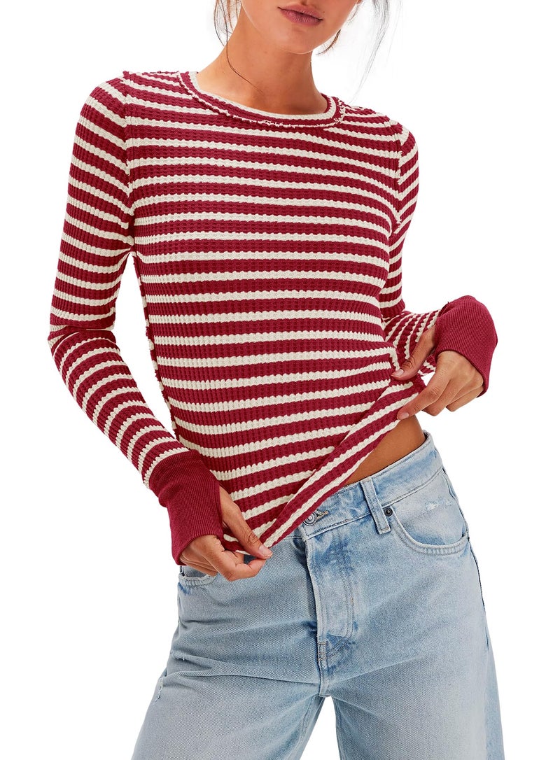 Panadila Womens Striped Long Sleeve Shirts Crewneck Waffle Knit Tops Casual Fitted T Shirts Fall Outfits (Burgundy White Combo,S) - Image 2
