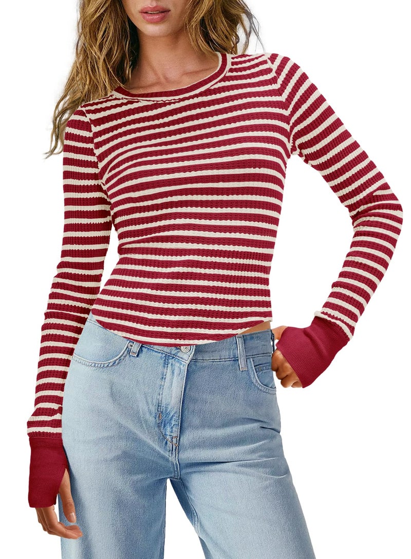 Panadila Womens Striped Long Sleeve Shirts Crewneck Waffle Knit Tops Casual Fitted T Shirts Fall Outfits (Burgundy White Combo,S) - Image 3