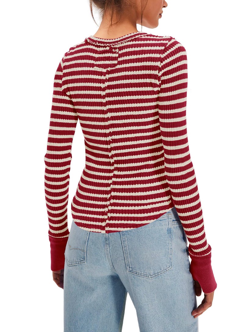 Panadila Womens Striped Long Sleeve Shirts Crewneck Waffle Knit Tops Casual Fitted T Shirts Fall Outfits (Burgundy White Combo,S) - Image 4