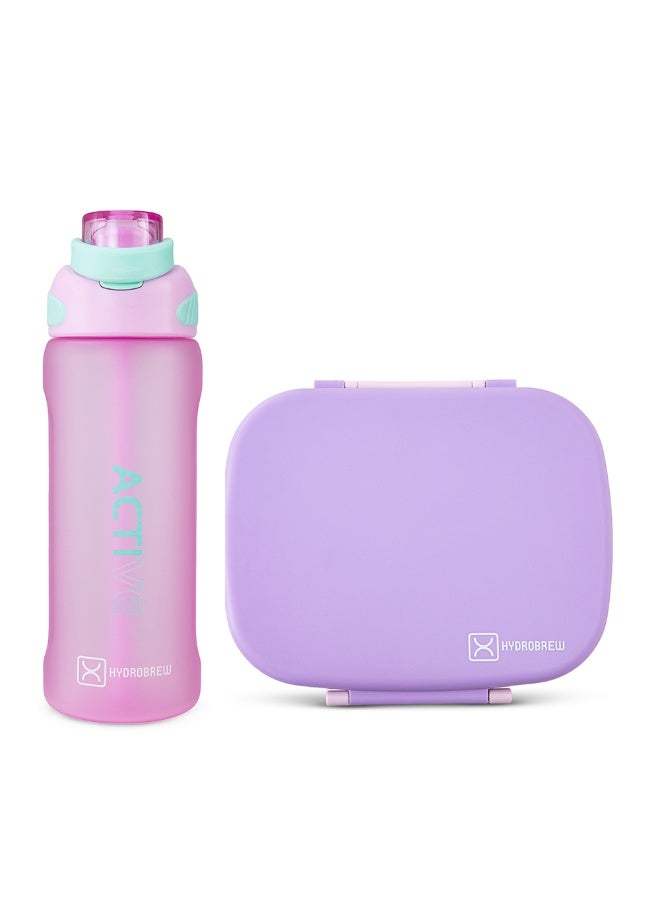 Hydrobrew Smart Serve Bento Lunch Box 1100ml w/ Sip Switch Tritan Water Bottle 1000ml | 5 Compartment Meal Box – Lilac Blush - Image 1