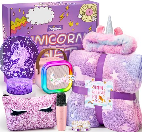 Toylink Unicorn Gifts for Girls Age 4 5 6 7 8 9 10 Kids Unicorn Toys with Mini Karaoke MachineGlowing BlanketNight LightHeadbandBracelets Birthday Graduation Gifts for Daughter Niece - Image 1