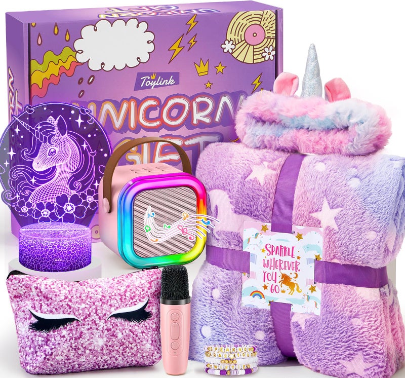 Toylink Unicorn Gifts for Girls Age 4 5 6 7 8 9 10 Kids Unicorn Toys with Mini Karaoke MachineGlowing BlanketNight LightHeadbandBracelets Birthday Graduation Gifts for Daughter Niece - Image 3