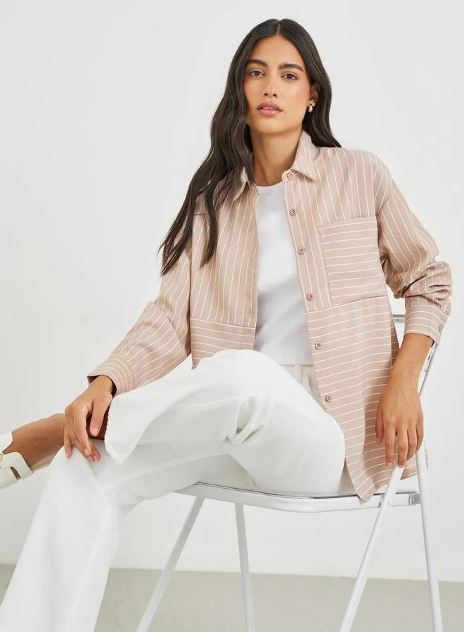 ستايلي Styli Striped Longline Regular Fit Shirt with Pocket