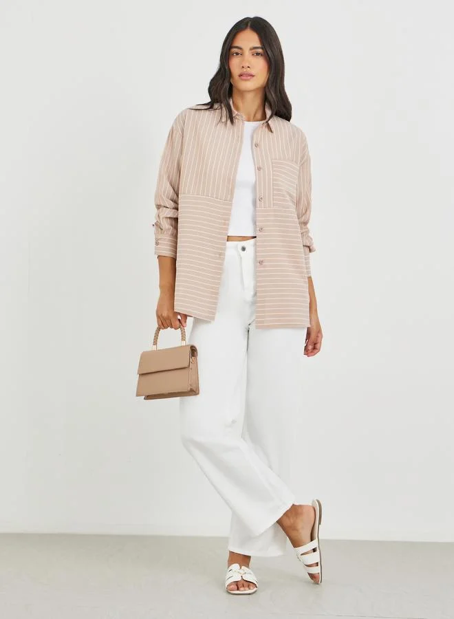 ستايلي Styli Striped Longline Regular Fit Shirt with Pocket