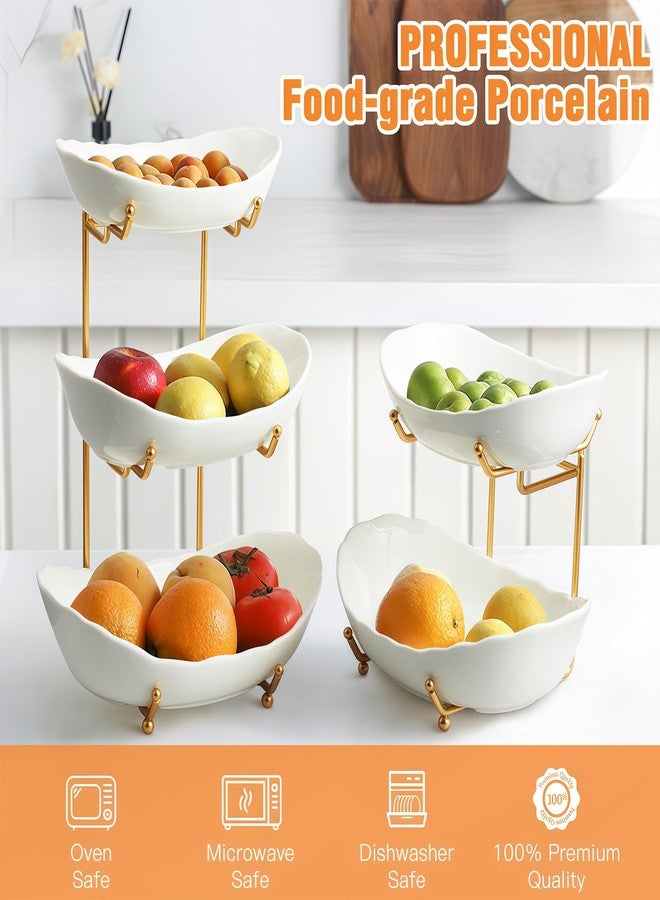 HOMKULA Ceramic Fruit Bowl for Kitchen Counter - 3 Tier Fruit Basket with Metal Stand, Tiered Fruit Stand for Countertop, Snack, Nuts, Cake, Dessert, Cute (Gold, Small) 1 - Image 2