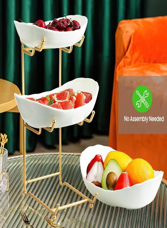 HOMKULA Ceramic Fruit Bowl for Kitchen Counter - 3 Tier Fruit Basket with Metal Stand, Tiered Fruit Stand for Countertop, Snack, Nuts, Cake, Dessert, Cute (Gold, Small) 1 - Image 4