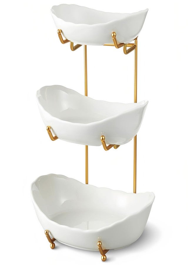 HOMKULA Ceramic Fruit Bowl for Kitchen Counter - 3 Tier Fruit Basket with Metal Stand, Tiered Fruit Stand for Countertop, Snack, Nuts, Cake, Dessert, Cute (Gold, Small) 1 - Image 1