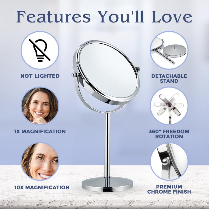 Mirrorvana 10X Magnifying Makeup Mirror on Round Stand for Tabletop, Bedroom Vanity Desk and Bathroom Counter - Free Standing Double Sided 10X/1X Magnification Mirror - 7" Wide and 14" Tall (Chrome) - Image 3