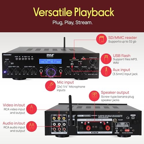 Pyle 200W Wireless Bluetooth Power Amplifier - Dual Channel Stereo Receiver with USB Flash Reader - SD Card - AUX - MIC IN w/ Echo - Radio - Home Theater - Studio Use - RCA Output - PDA65BU - Image 3