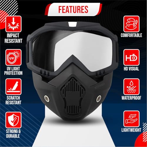 BTfash Goggle Mask Anti Scratch UV Protective Open Face & Eyewear Windproof Dirt Shield Adjustable Strap Soft Foam Padded Detachable for Cycling Bike Off Road Racing Riding Unisex (Transparent) - Image 2