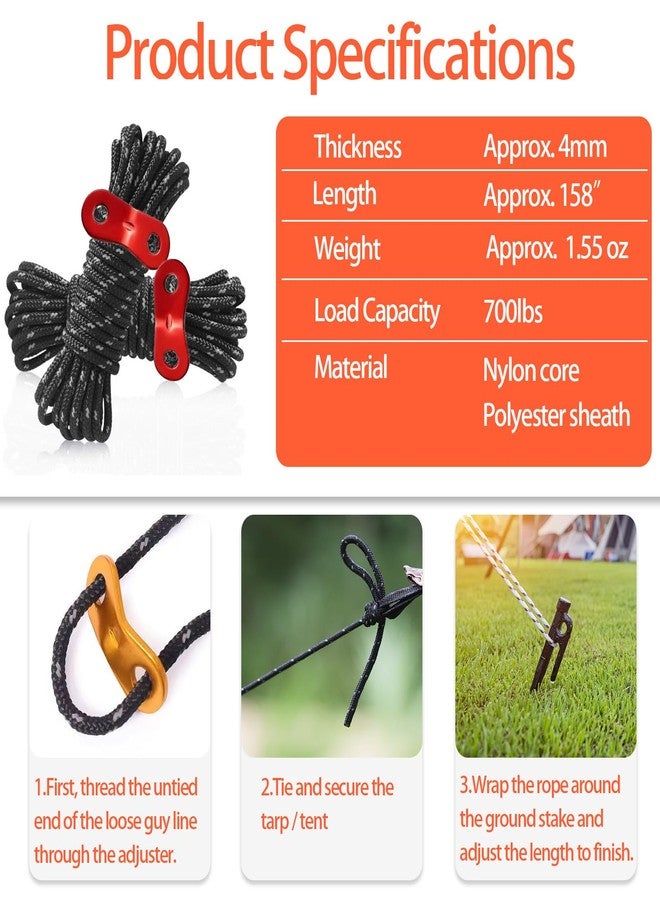 Wind Tour Outdoor Tent Guy Lines, Lightweight Camping Ropes with Aluminum Tensioners and Storage Pouch, Ideal for Tents, Tarps, Canopies, Camping, Hiking and Backpacking（6-Pack | Black） - Image 2