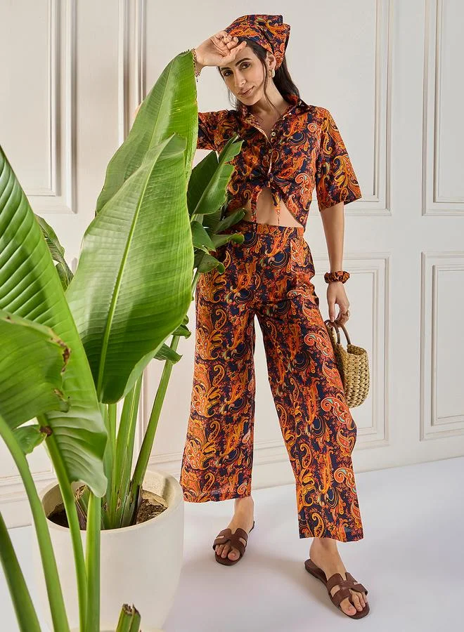 Winered Winered Women Paisley Print Front Knot Crop Shirt With Flared Pant