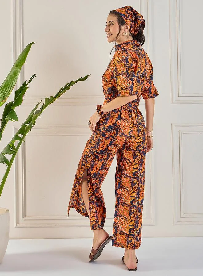 Winered  Winered Women Paisley Print Front Knot Crop Shirt With Flared Pant for Women | Best Price UAE