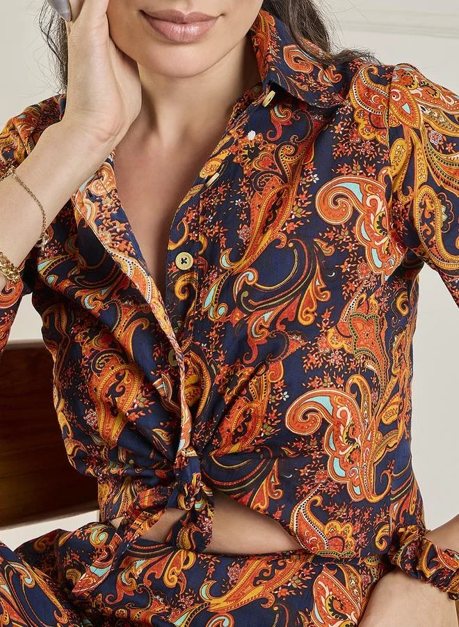 Winered  Winered Women Paisley Print Front Knot Crop Shirt With Flared Pant for Women | Best Price UAE