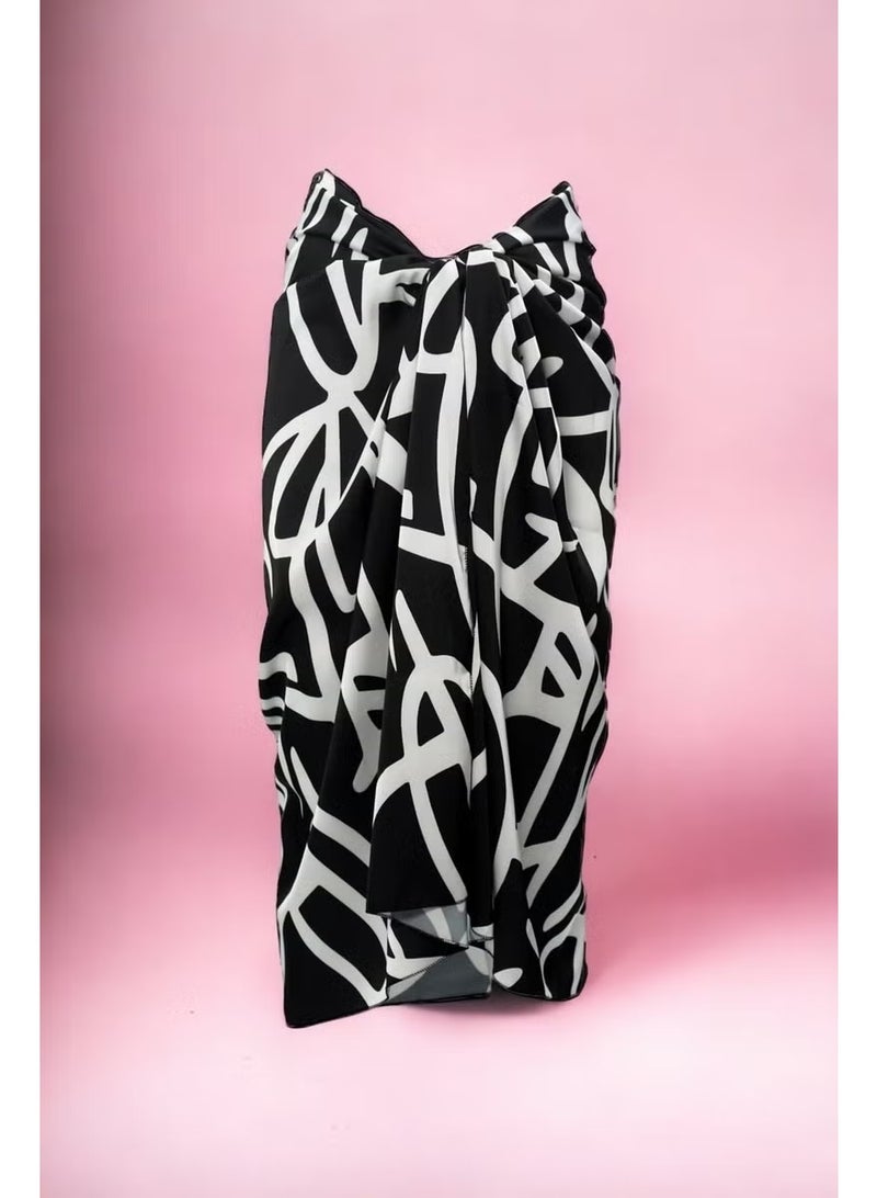 Pistore Black and White Geometric Patterned Long Pareo Satin Women's Beach Dress New Season - Image 3