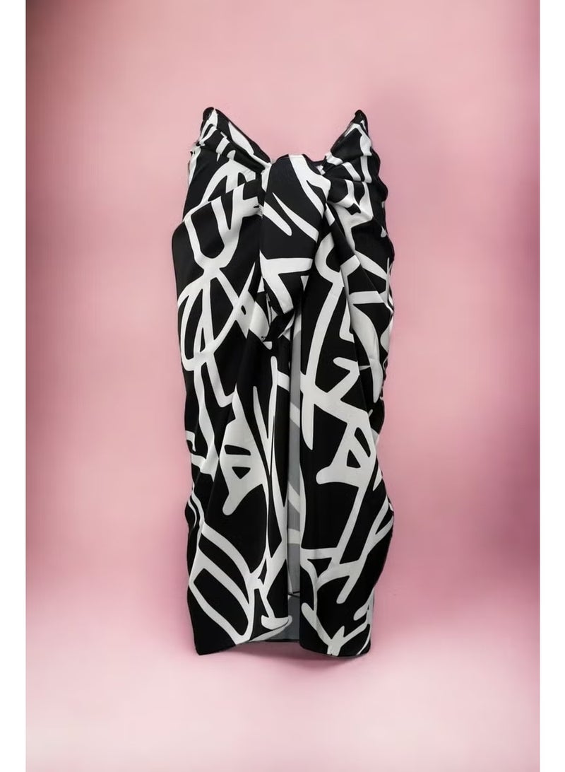 Pistore Black and White Geometric Patterned Long Pareo Satin Women's Beach Dress New Season - Image 2