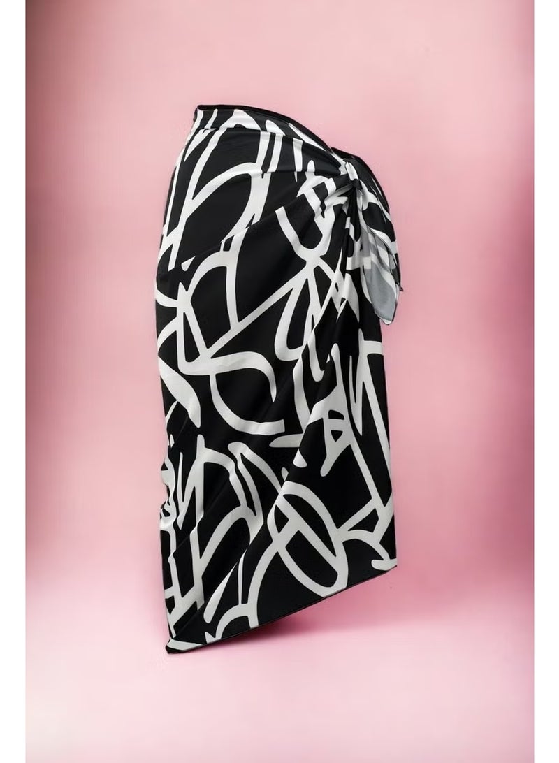 Pistore Black and White Geometric Patterned Long Pareo Satin Women's Beach Dress New Season - Image 1