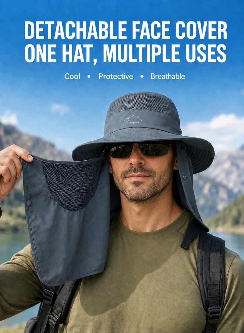 MAGNISHAN Unisex UV Protection Fishing Sun Hat, Wide Brim Bucket Hat with Detachable Face & Neck Flap, Full‑Cover Sun Protection Hat for Hiking Camping Fishing Outdoor - Image 3