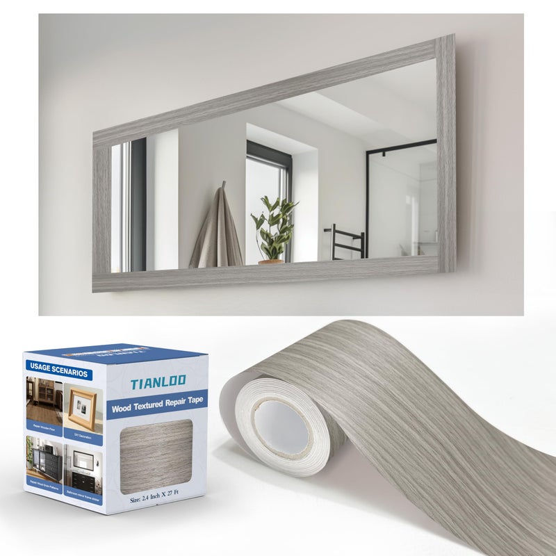 TIANLDD 27 FT Wood Grain Wallpaper Border Removable Waterproof Mirror Border Peel and StickBathroom Mirror Frame BorderGrey