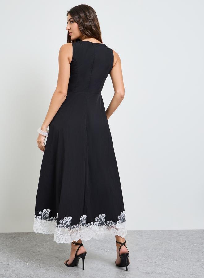 Styli Black Lace Hem Sleeveless A-Line Maxi Dress - Image 3
