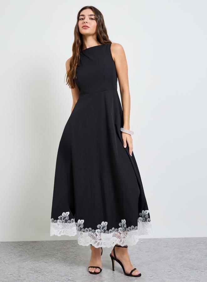 Styli Black Lace Hem Sleeveless A-Line Maxi Dress - Image 2