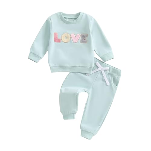 Socutebabe Baby Girl Clothes Newborn Infant Fall Winter Outfits Love Embroidery Long Sleeve Crewneck Sweatshirts Pants 0-24M (Blue, 3-6 Months) - Image 1