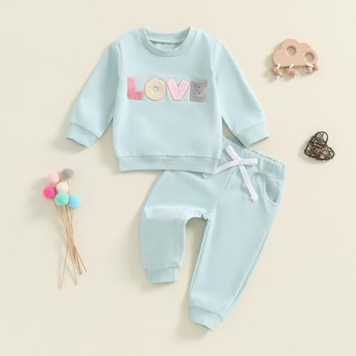 Socutebabe Baby Girl Clothes Newborn Infant Fall Winter Outfits Love Embroidery Long Sleeve Crewneck Sweatshirts Pants 0-24M (Blue, 3-6 Months) - Image 2